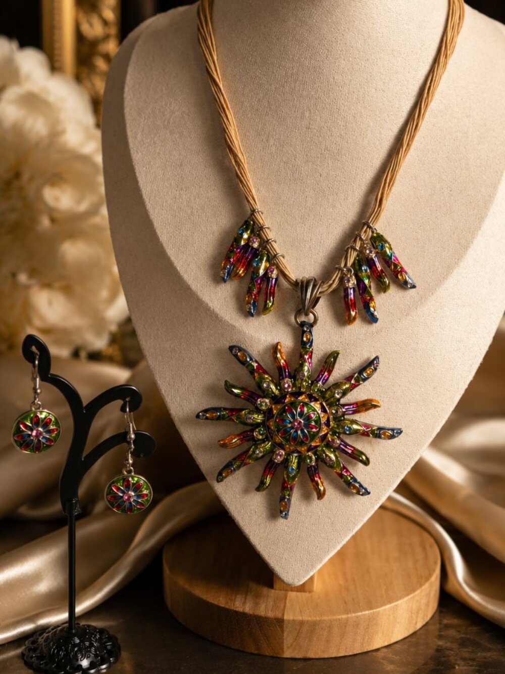 Vintage 80s Sunburst Necklace & Earrings Set Enamel Rhinestone Statement 12"